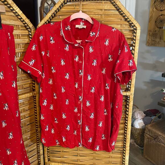 LOFT Sleep Red Dog Print Pajama Set Size M Cotton Viscose Button Top Pants - Picture 5 of 9